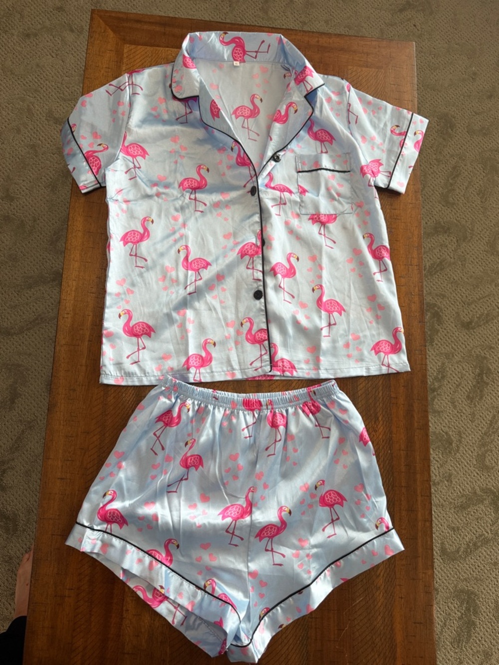 Light Blue Flamingo Print Two-Piece Pajama Set
